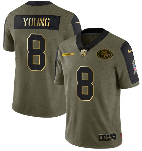 Men's San Francisco 49ers #8 Steve Young 2021 Olive Salute To Service Golden Limited Stitched Jersey